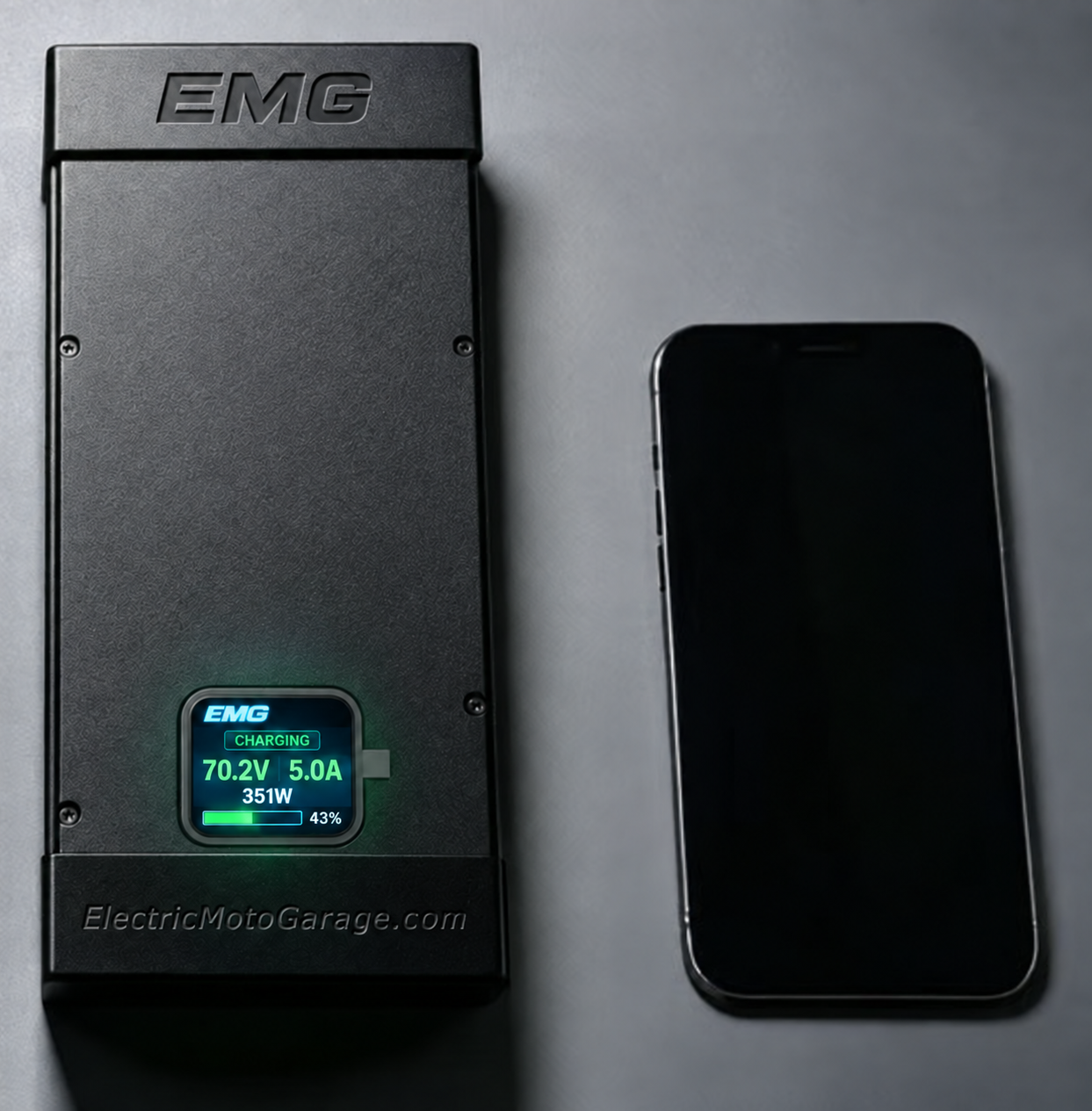 EMG programmable charger actively charging at 70.2 volts and 5.0 amps beside a phone for scale